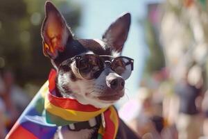 elegante chihuahua animal cachorro dentro orgulho parada. conceito do lgbtq orgulho. foto