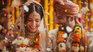 indiano noiva e noivo às surpreendente hindu Casamento cerimônia. foto