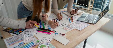 chuva de ideias equipe do criativo rede gráfico desenhador planejamento, grupo do Móvel telefone aplicativo desenvolvedor equipe encontro para compartilhar Ideias sobre tela protótipo disposição para Smartphone. comece planejamento ui e ux foto