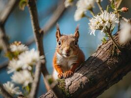 fechar-se do uma fofa esquilo sentado em uma ramo árvore com flores foto