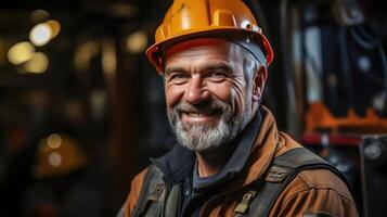 feliz trabalhador em industrial local - homem dentro uniforme e Difícil chapéu foto