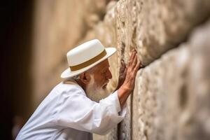 espiritual momento - idosos judaico homem dentro oração às a ocidental parede foto