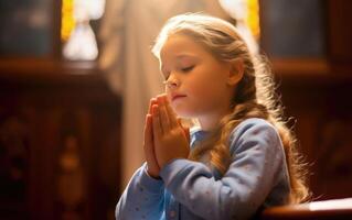 devoto jovem menina meditando dentro Igreja foto