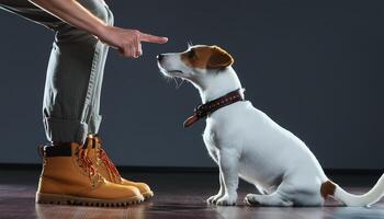 a humano ensina a cachorro comandos. jack russell terrier raça. foto