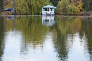 lindo natureza outono panorama com lago. cenário Visão em outono cidade parque com dourado amarelo folhagem dentro nublado dia foto