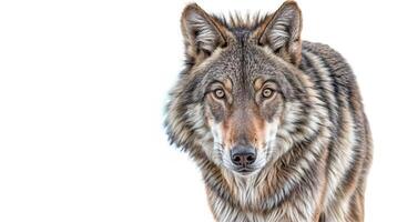 fechar-se do uma Lobo com intenso olhos e detalhado pele dentro uma animais selvagens configuração foto