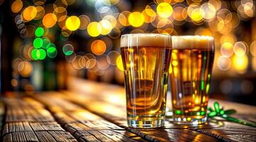 Cerveja óculos em uma de madeira Barra com espuma e bokeh luzes dentro uma bar atmosfera foto