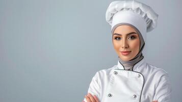 profissional chefe de cozinha dentro hijab culinária uniforme com uma confiante retrato dentro a cozinha foto