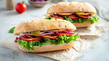 delicioso duro baguete sanduíche com fresco legumes e gourmet queijo para uma saudável almoço foto