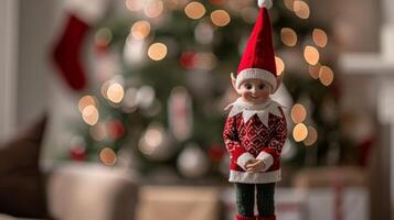 Natal duende decoração dentro festivo suéter sorridente antes uma bokeh aceso árvore foto