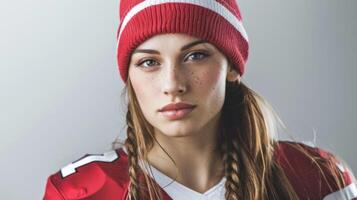 confiante fêmea atleta dentro futebol engrenagem com uma determinado expressão e roupa de esporte retrato foto