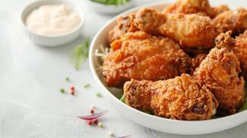 frito frango com crocantes dourado baquetas e salgado asas em uma prato foto