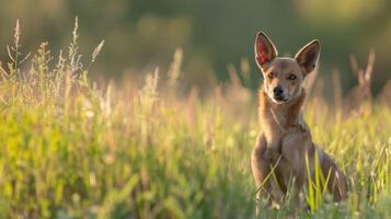 cachorro dentro uma Prado às pôr do sol com natureza em torno da, Relva abaixo e animal charme evidente foto