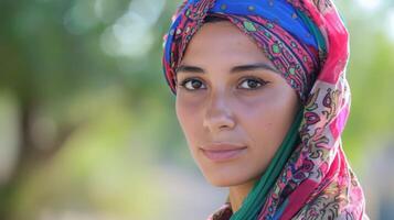 sereno egípcio mulher dentro uma vibrante tradicional lenço de cabeça exposições beleza, cultura, e moda com uma confiante olhar foto