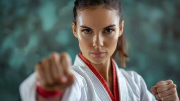 marcial artes fêmea lutador dentro karatê taekwondo gi com vermelho cinto mostra posição e determinação foto