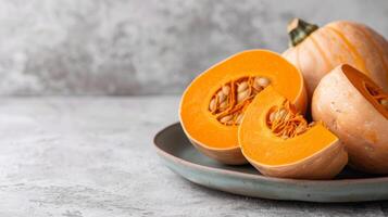 dividido pela metade Butternut abóbora com sementes em uma texturizado prato exibindo Comida nutrição e saudável comendo foto