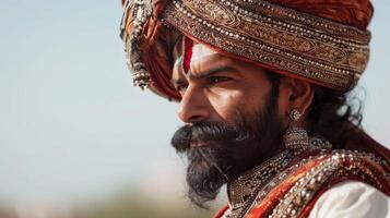 Rajput Guerreiro dentro tradicional turbante e indiano cultura traje monitores histórico realeza dentro retrato foto