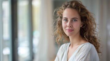 retrato do uma lindo europeu mulher com uma sorrir e encaracolado cabelo de uma janela dentro natural luz foto