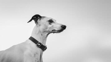 whippet cachorro retrato dentro Preto e branco exibindo elegância e graça com uma monocromático pano de fundo foto