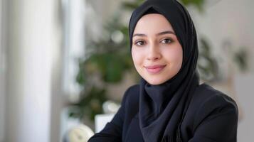 retrato do uma profissional mulher vestindo uma hijab com uma confiante sorrir Como uma real Estado agente foto