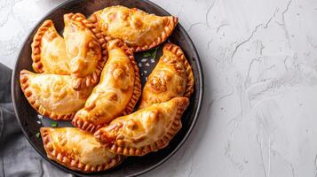 dourado empanadas em uma prato exibindo uma salgado tradicional cozido pastelaria foto