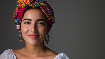 venezuelano mulher com uma brilhante sorrir vestindo uma vibrante lenço de cabeça e cultural brincos dentro uma alegre retrato foto