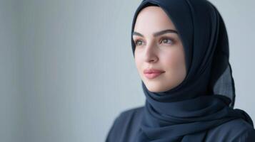 retrato do uma lindo muçulmano mulher com hijab representando diversidade e cultura dentro a profissional evento planejamento indústria foto