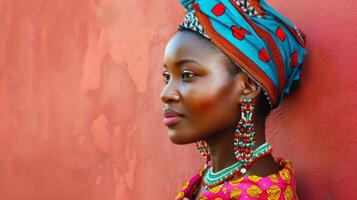 retrato do a africano mulher dentro tradicional quebra cabeça e brincos com vibrante vermelho fundo foto