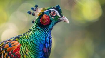 colorida pavão com vibrante penas e requintado detalhe dentro uma animais selvagens fechar-se foto