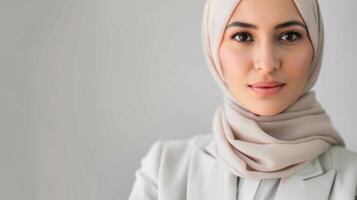 retrato do uma confiante mulher dentro hijab retratando profissionalismo e elegância foto
