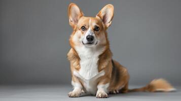 fofa Pembroke galês corgi cachorro sentado dentro estúdio retrato com alerta expressão foto