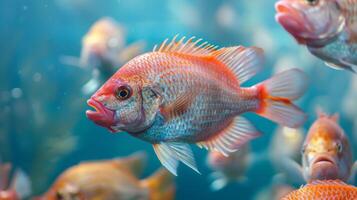 tilápia peixe agricultura retratado através embaixo da agua aquicultura com vívido vermelho e laranja barbatanas foto