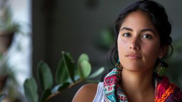 retrato do uma jovem venezuelano mulher dentro tradicional brincos e colorida cachecol foto