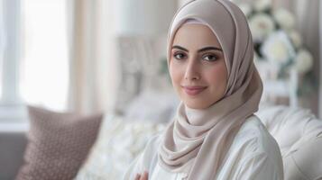 retrato do uma lindo sorridente mulher vestindo uma hijab demonstrando elegância e profissionalismo Como a evento planejador foto