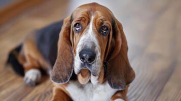 basset cão de caça cachorro retrato com expressivo olhos e mole orelhas sentado dentro de casa foto