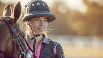 fêmea pólo jogador dentro equestre esporte capacete com dela cavalo durante a ao ar livre concorrência às pôr do sol foto