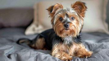 fofa yorkshire terrier cachorro com expressivo olhos sentado em tecido roupa de cama dentro de casa foto