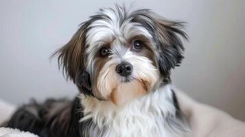 fofa havanese cachorro retrato com expressivo olhos e fofo pele sentado dentro de casa foto