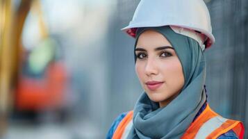 construção trabalhador dentro hijab com reflexivo roupas e segurança capacete monitores profissional confiança e diversidade dentro a urbano configuração foto