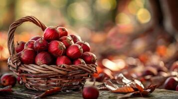 cesta do castanhas em uma de madeira mesa no meio outono folhas e colheita decoração foto