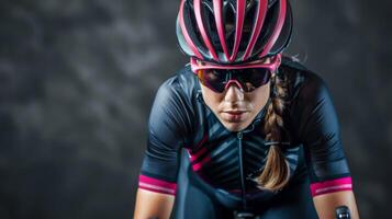 ciclismo atleta dentro capacete e oculos de sol demonstra roupa de esporte, fitness, e concorrência determinação foto