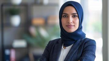 profissional mulher dentro hijab retrata confiança Como uma finança analista dentro escritório configuração foto