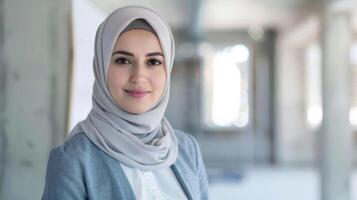 retrato do uma sorridente mulher dentro hijab retratando uma profissional arquiteto com confiança dentro a escritório configuração foto