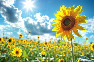 girassol campo debaixo brilhante brilho do sol com azul céu e natureza elementos dentro a verão estação foto