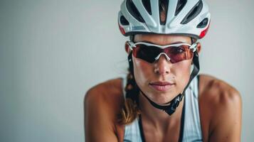 fêmea triatleta com capacete e oculos de sol exibindo determinação e foco dentro roupa de esporte foto