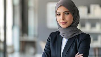 profissional mulher dentro hijab trabalhando Como uma corretor de imóveis apresenta uma confiante e acessível o negócio retrato foto