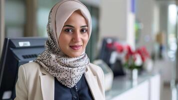 sorridente mulher dentro hijab trabalhando Como profissional banco caixa às a serviço escrivaninha foto