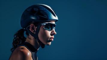 fêmea triatleta dentro roupa de esporte mostrando determinação e foco enquanto preparando para uma triatlo ciclismo evento foto