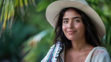 colombiano mulher com uma sereno sorrir vestindo uma chapéu dentro uma tropical folhagem configuração foto