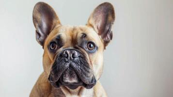 fechar-se retrato do uma castanho francês buldogue com atento olhos e fofa expressão foto